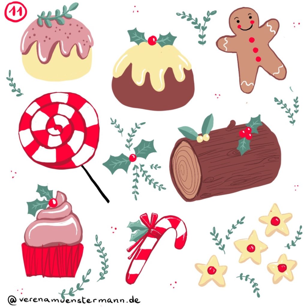 Verena Muenstermann Illustrationen Weihnachtliche Spezialitäten Baumstammkuchen, gingerbread man
